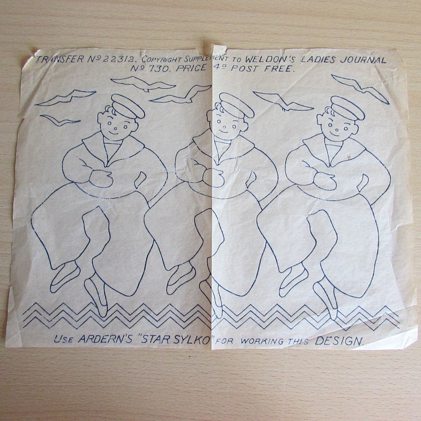 Unused 1940 Weldon's Ladies Journal sailors No.22312 embroidery transfer