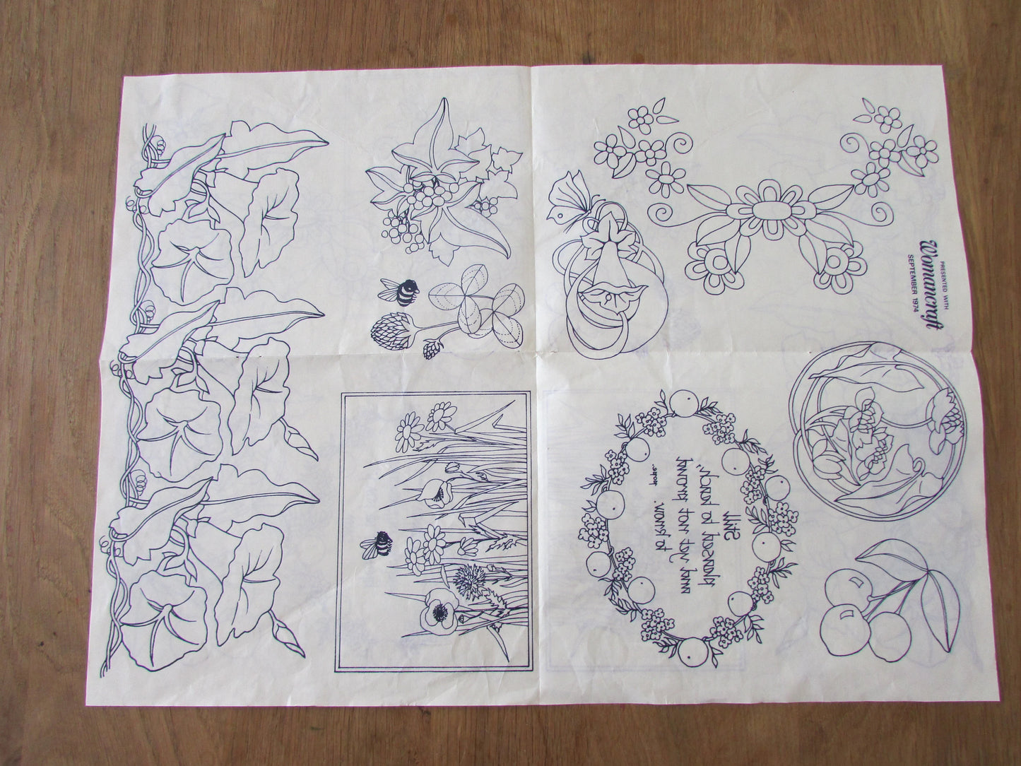 Unused 1974 Womancraft nature-themed embroidery transfer