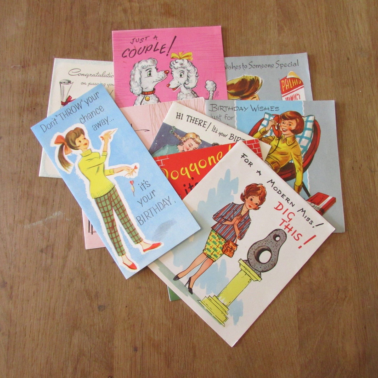 Assortment of nine used 1950s/60s greetings cards