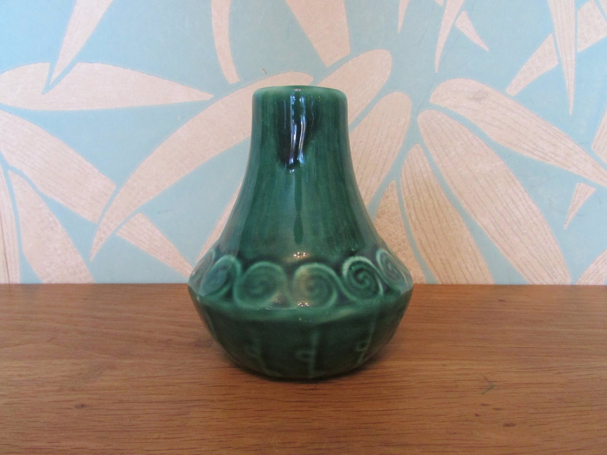 Vintage St Michael's House Pottery "Designs from the Book of Kells" small green vase