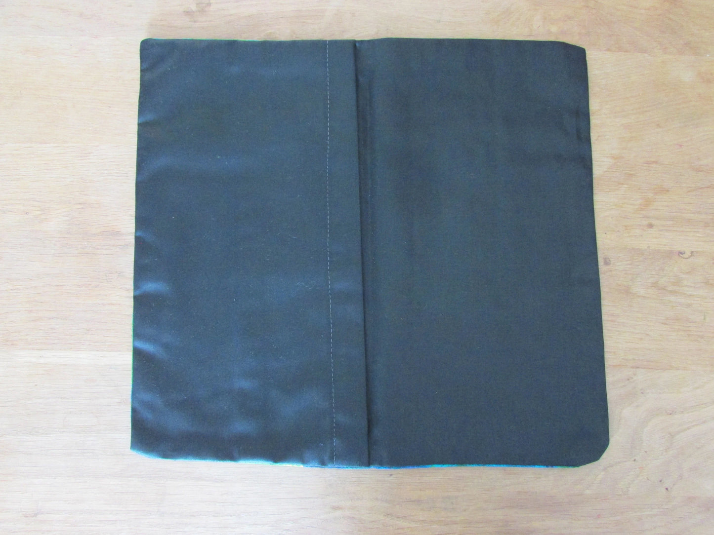 Home-made vintage bright blue & green pattern barkcloth cushion cover with contrast black reverse