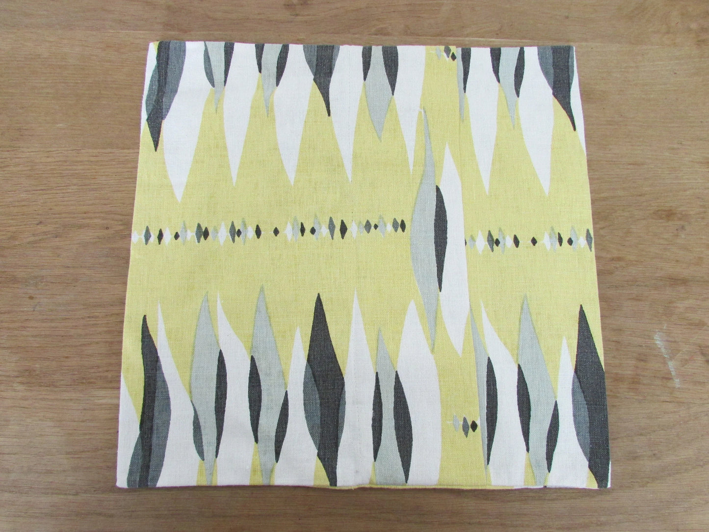 Home-made mid-century yellow/black/grey abstract cushion cover with contrast charcoal grey OR same pattern reverse