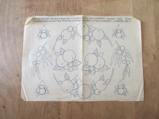 Unused 1931 Weldon's Ladies Journal fruit No.1587 embroidery transfer