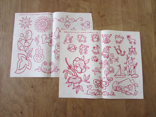 Set of 3 unused 1965 Woman's Own embroidery transfers - Stars & Ivy / Astrology Signs/ Alphabet