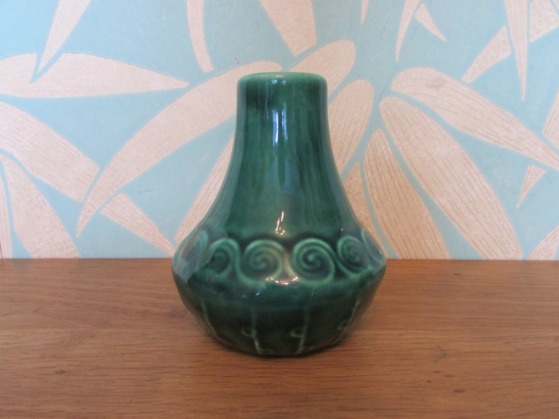 Vintage St Michael's House Pottery "Designs from the Book of Kells" small green vase