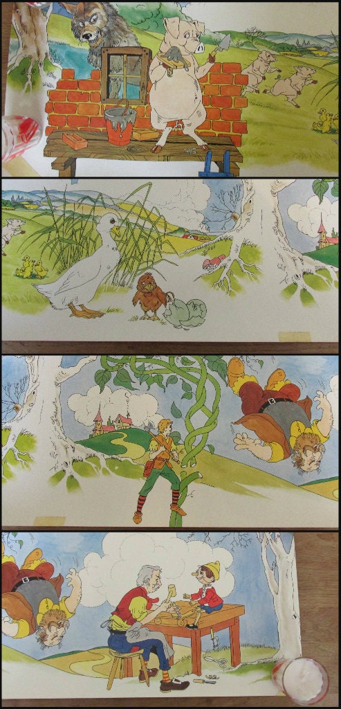 Set of three vintage James Galt & Co. nursery rhyme poster prints
