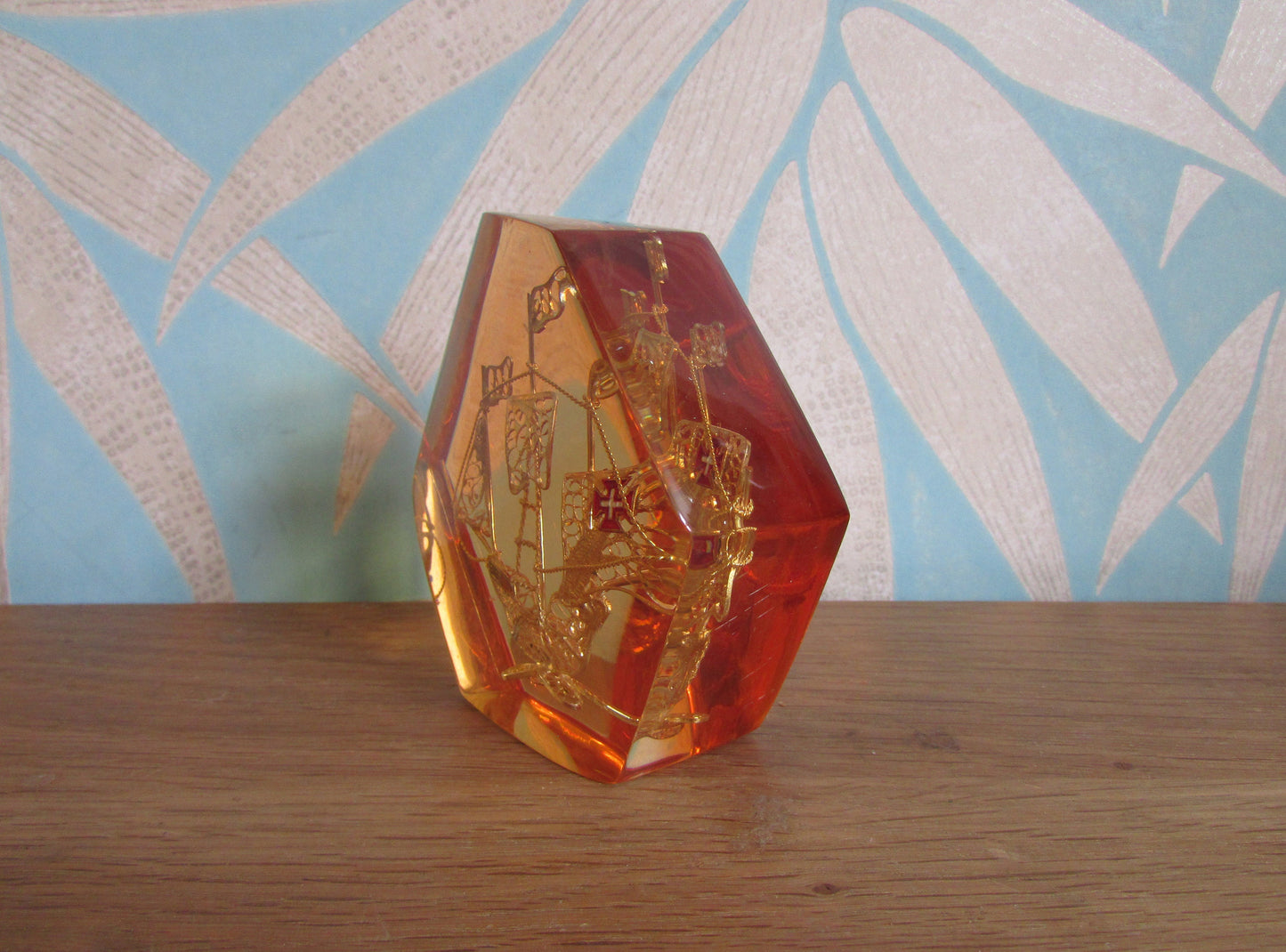 1960s perspex/resin filigree Portuguese Galleon paperweight