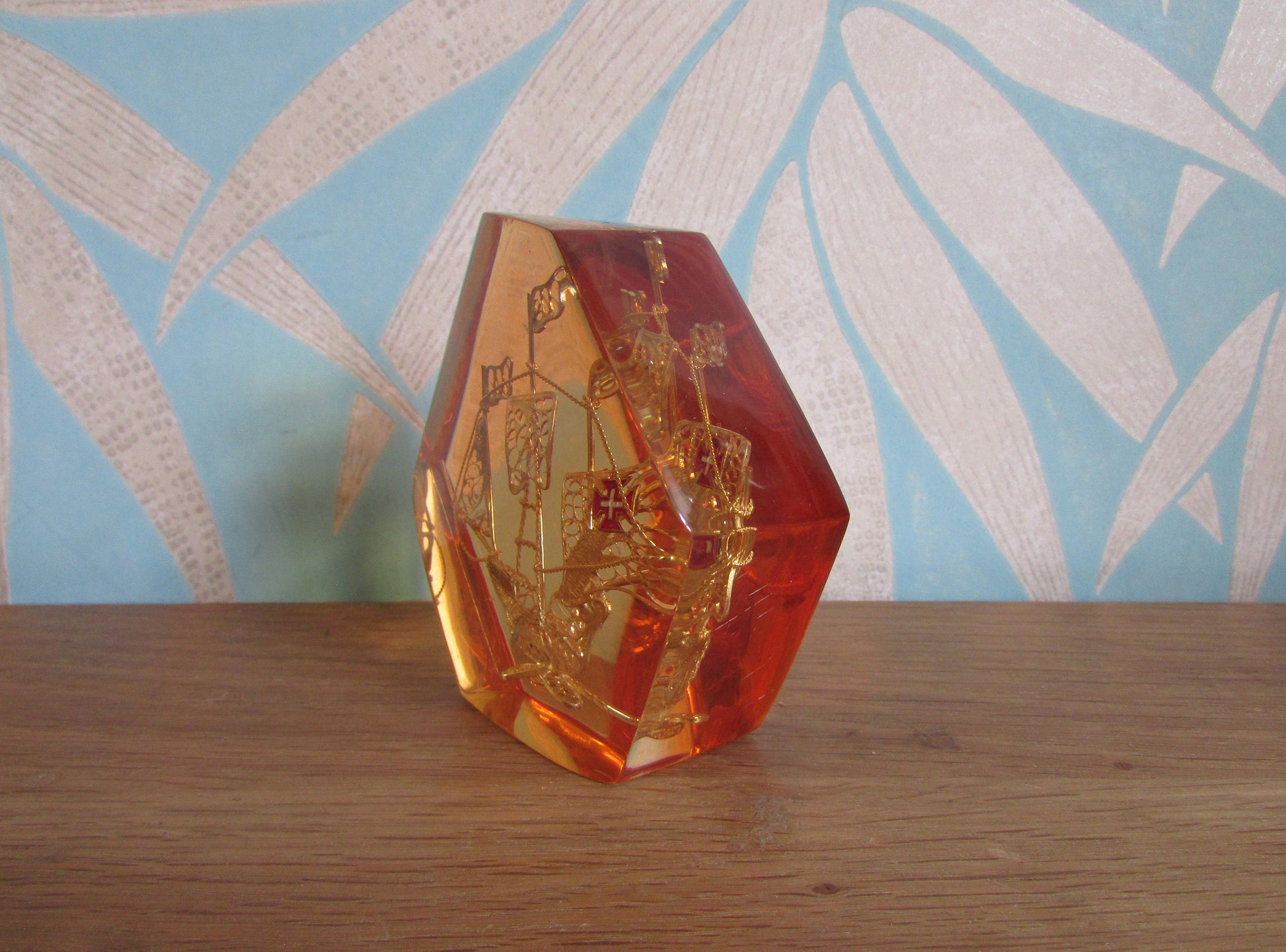 1960s perspex/resin filigree Portuguese Galleon paperweight