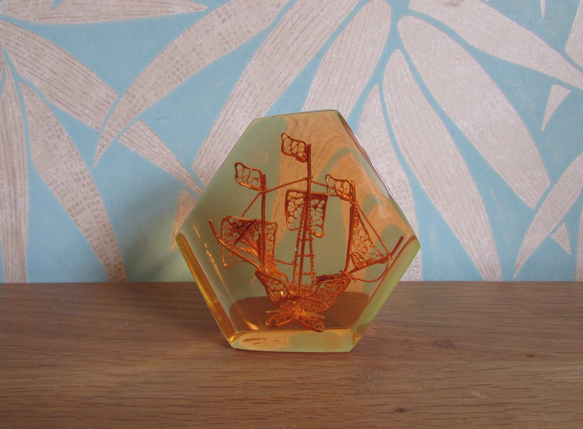 1960s perspex/resin filigree Portuguese Galleon paperweight