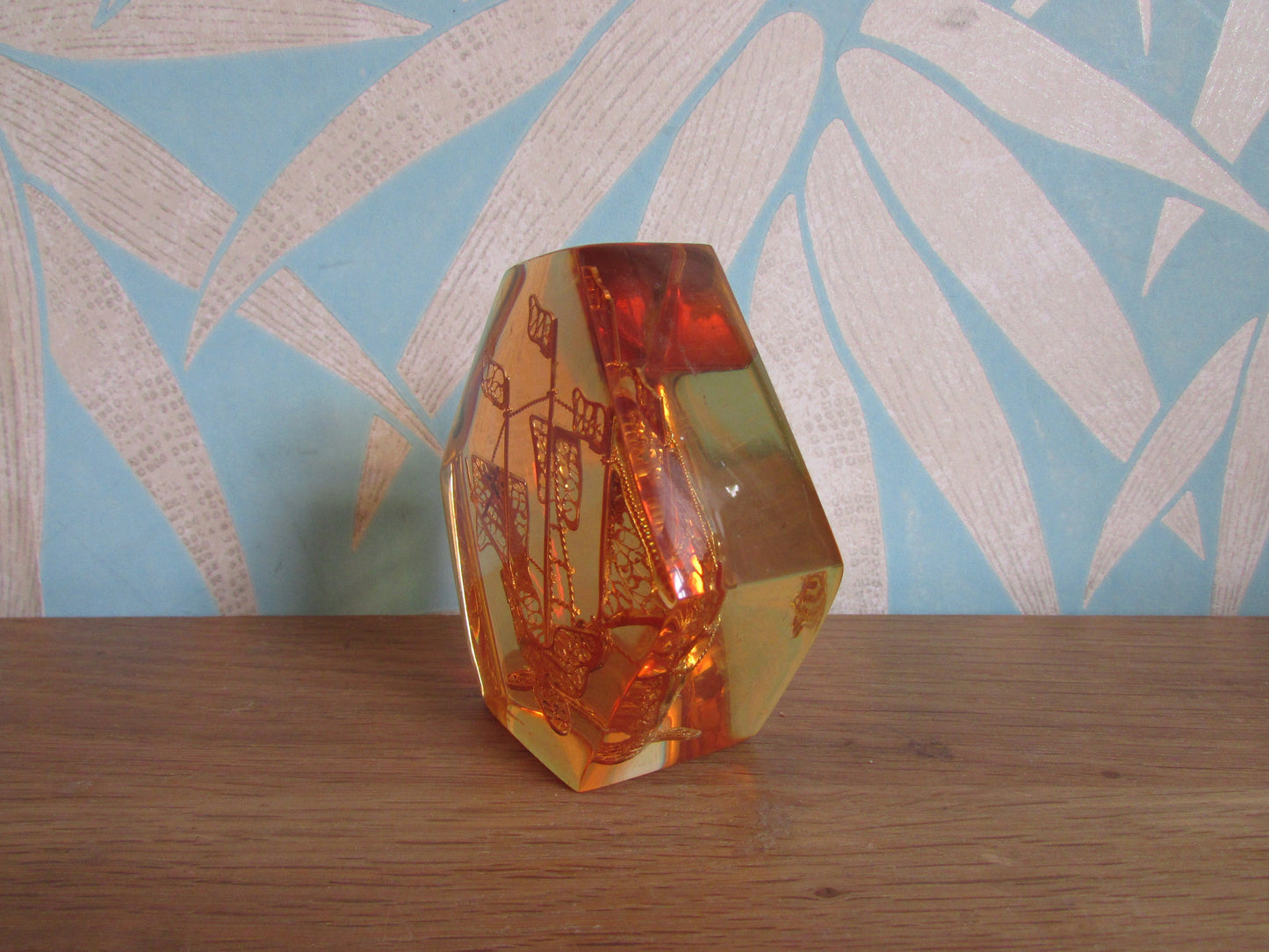 1960s perspex/resin filigree Portuguese Galleon paperweight