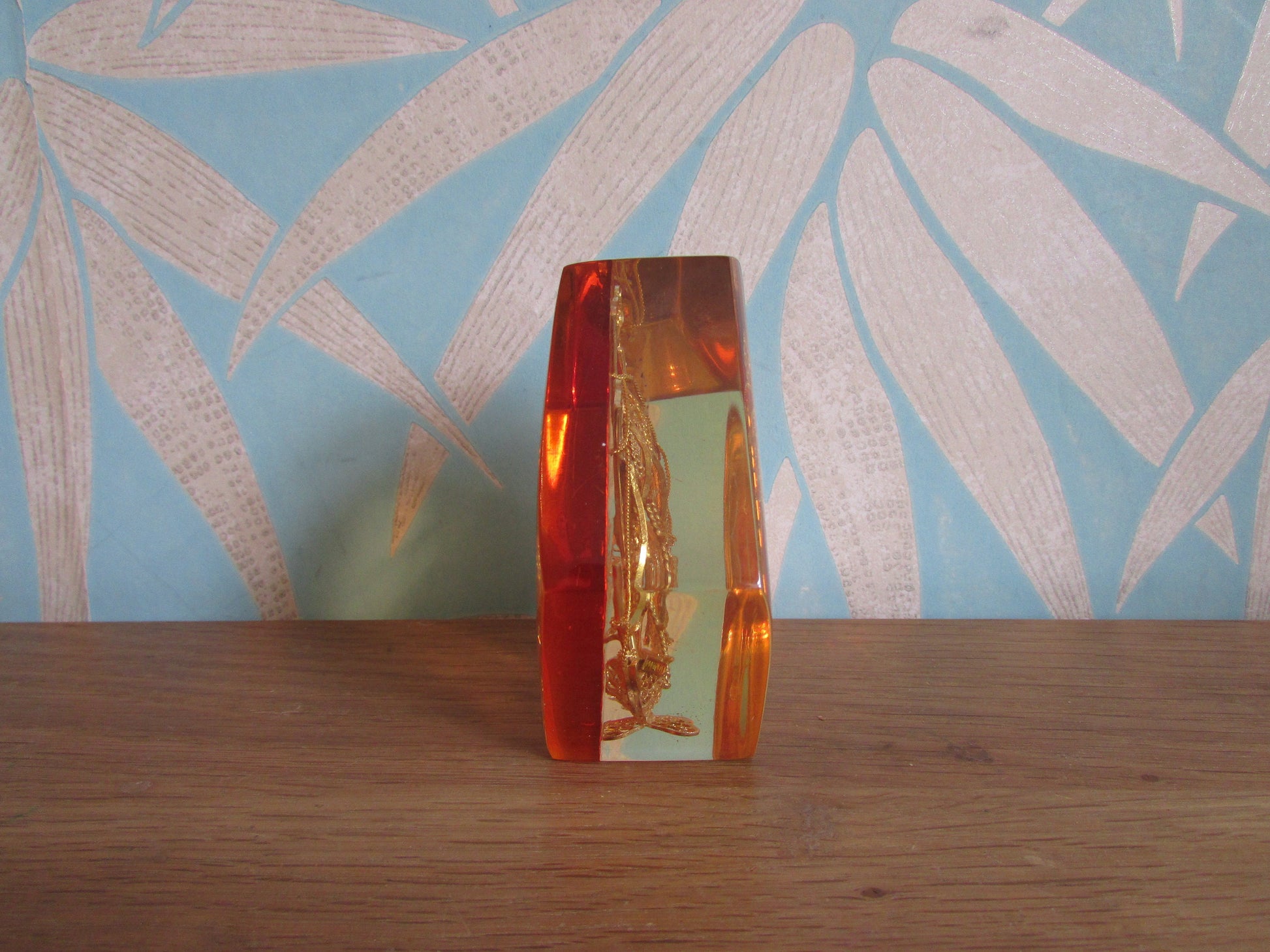 1960s perspex/resin filigree Portuguese Galleon paperweight