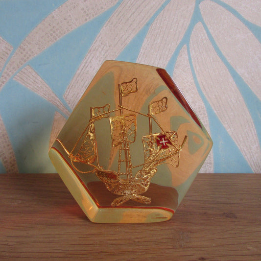 1960s perspex/resin filigree Portuguese Galleon paperweight