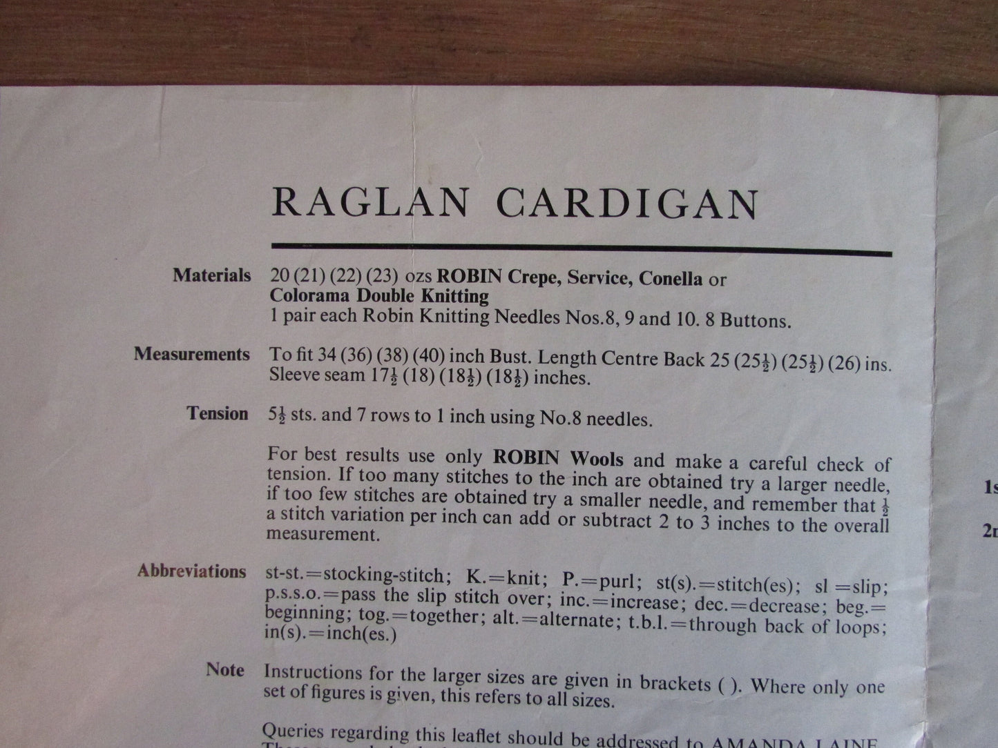 1960s Robin 1034 knitting pattern for Raglan cardigan