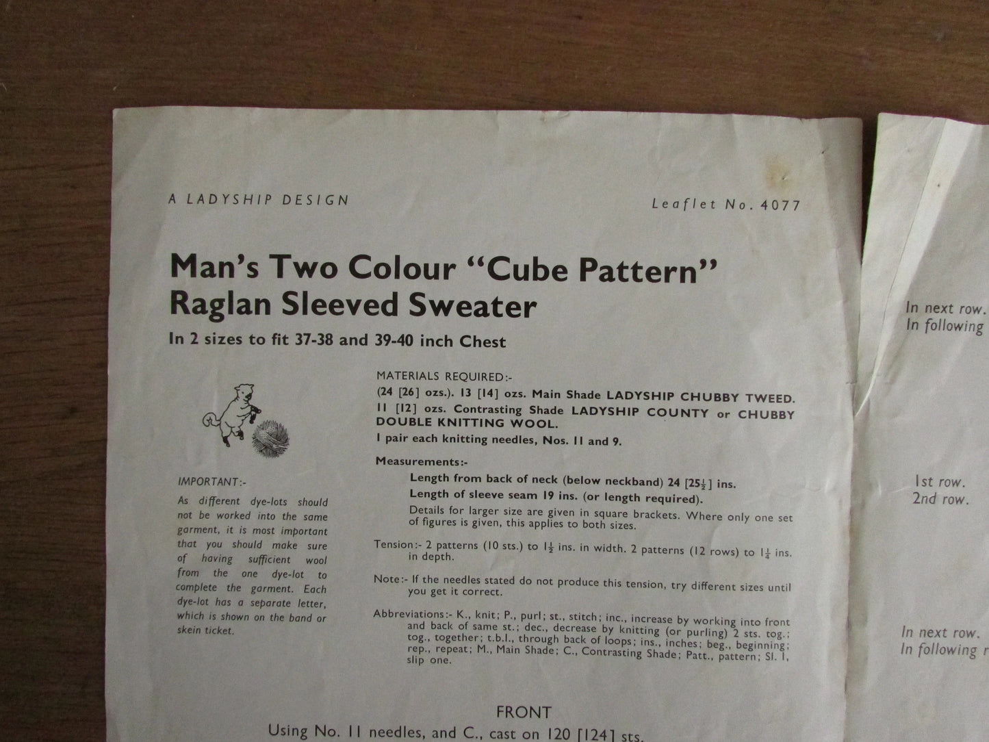 Vintage Ladyship Wools 4077 knitting pattern for man's two-colour "cube pattern" raglan sleeved sweater