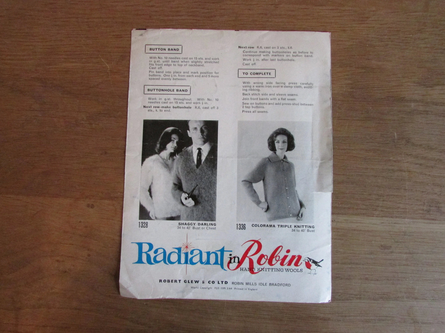 1964 Robin 1330 knitting pattern for jacket with cables