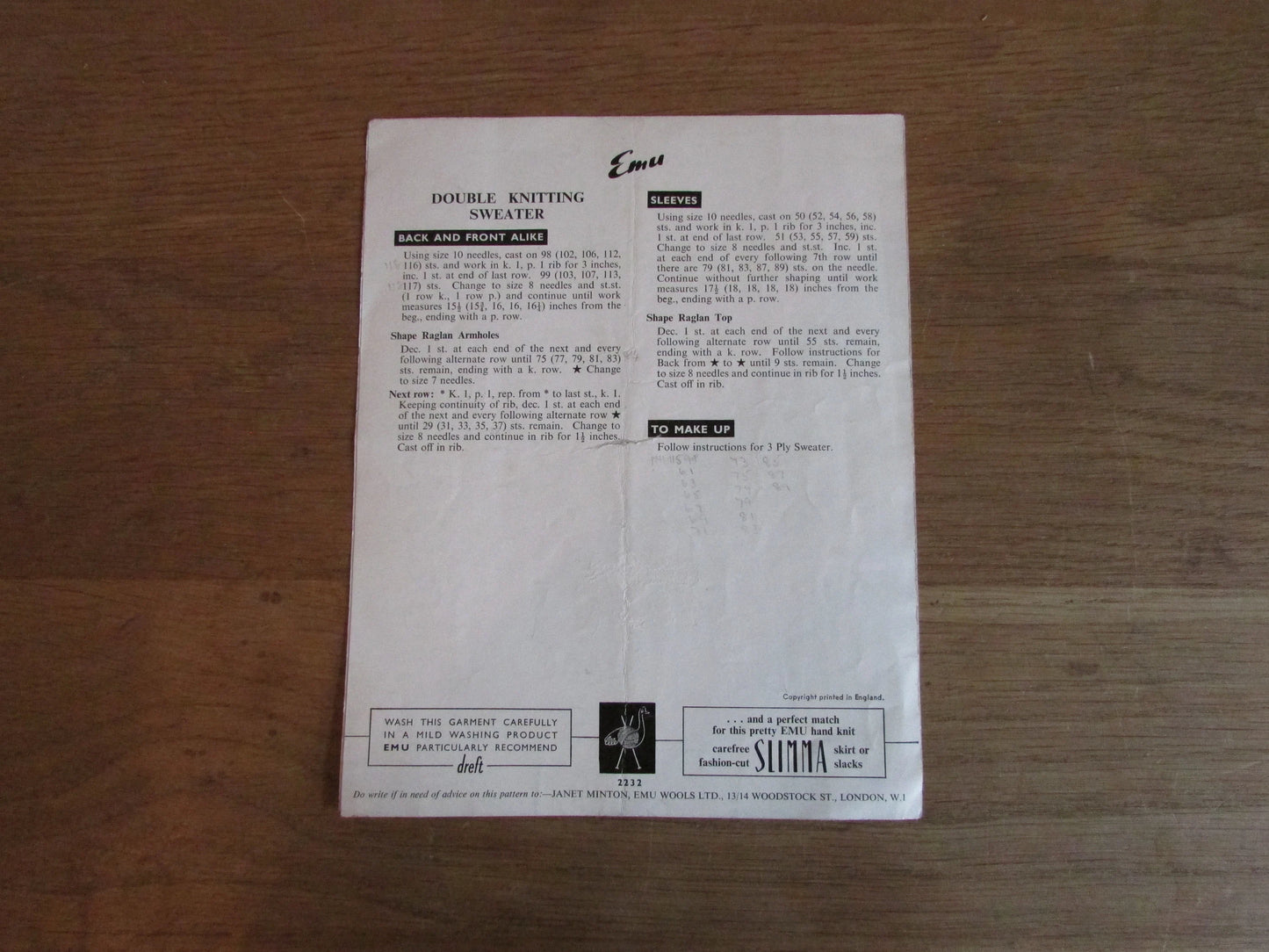 1960s Emu 2332 knitting pattern for lady's sweaters