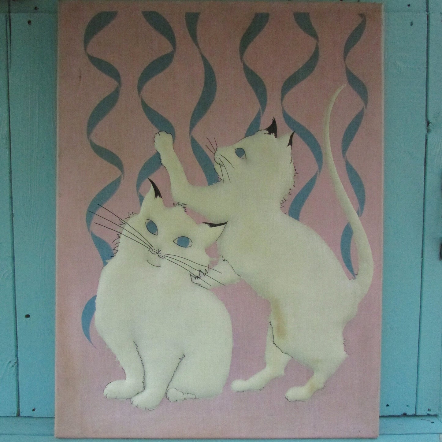 Vintage appliqué Siamese kitten and screen-printed ribbon collage