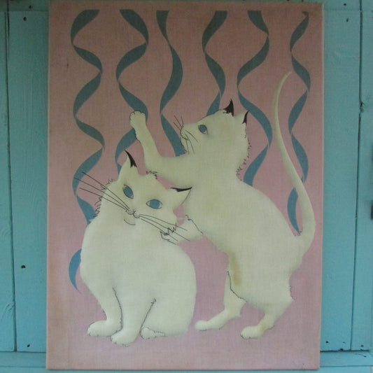 Vintage appliqué Siamese kitten and screen-printed ribbon collage