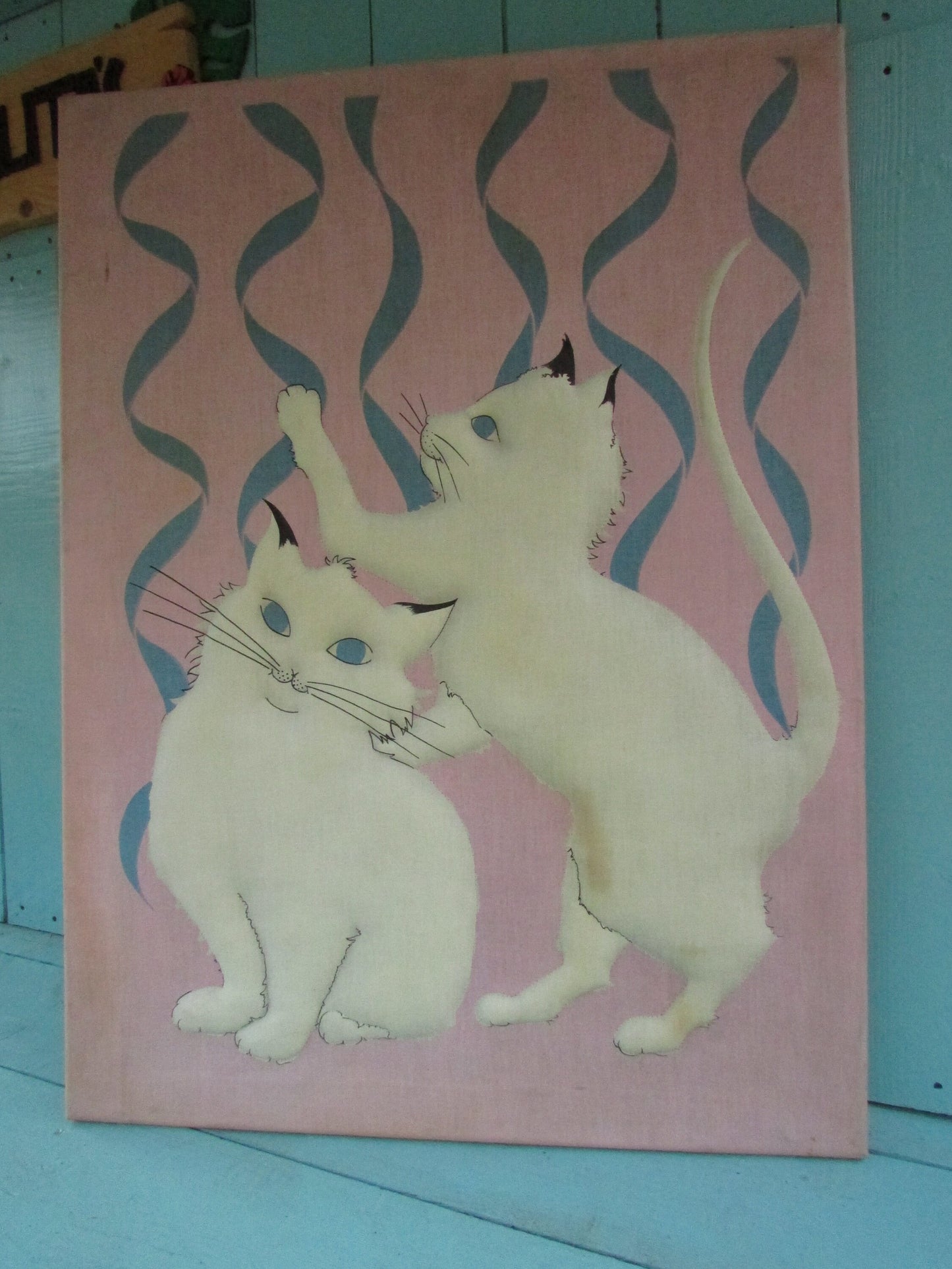 Vintage appliqué Siamese kitten and screen-printed ribbon collage