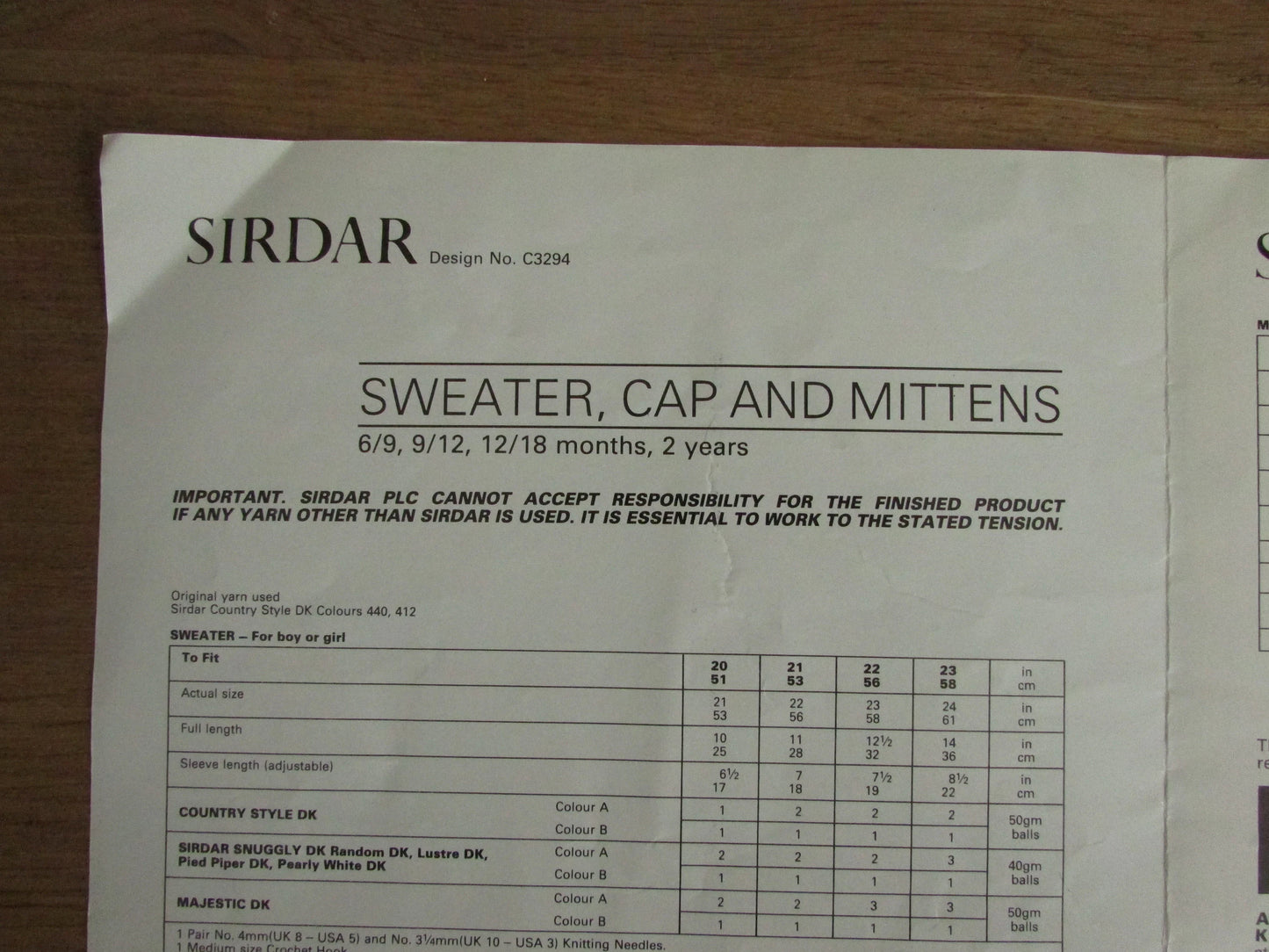 1960s Sirdar C3294 knitting pattern for infant's sweater, cap & mittens