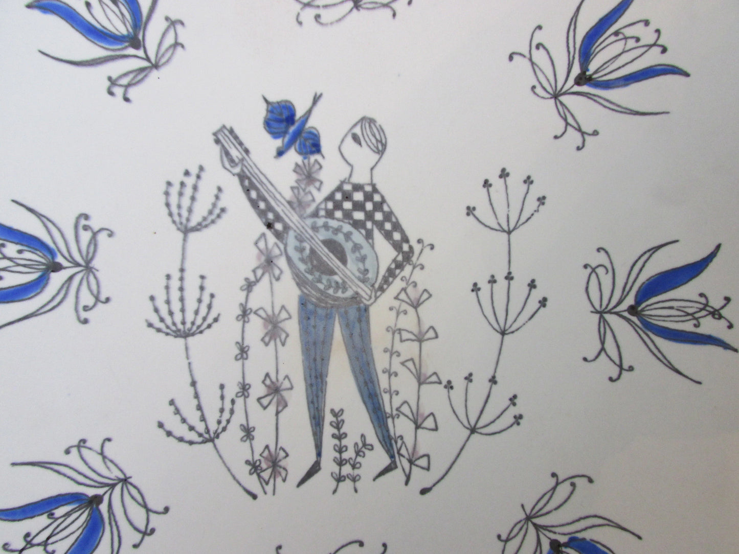 Mid-century Inger Waage for Stavangerflint, Norway, hand painted triangular plate, Man with Mandolin