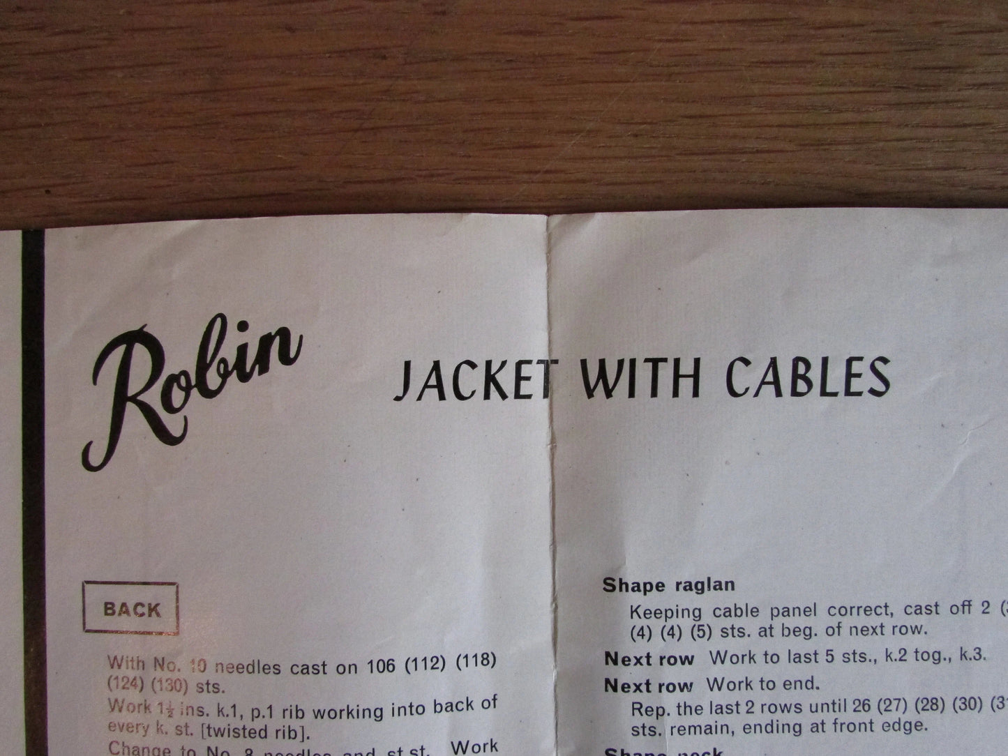 1964 Robin 1330 knitting pattern for jacket with cables