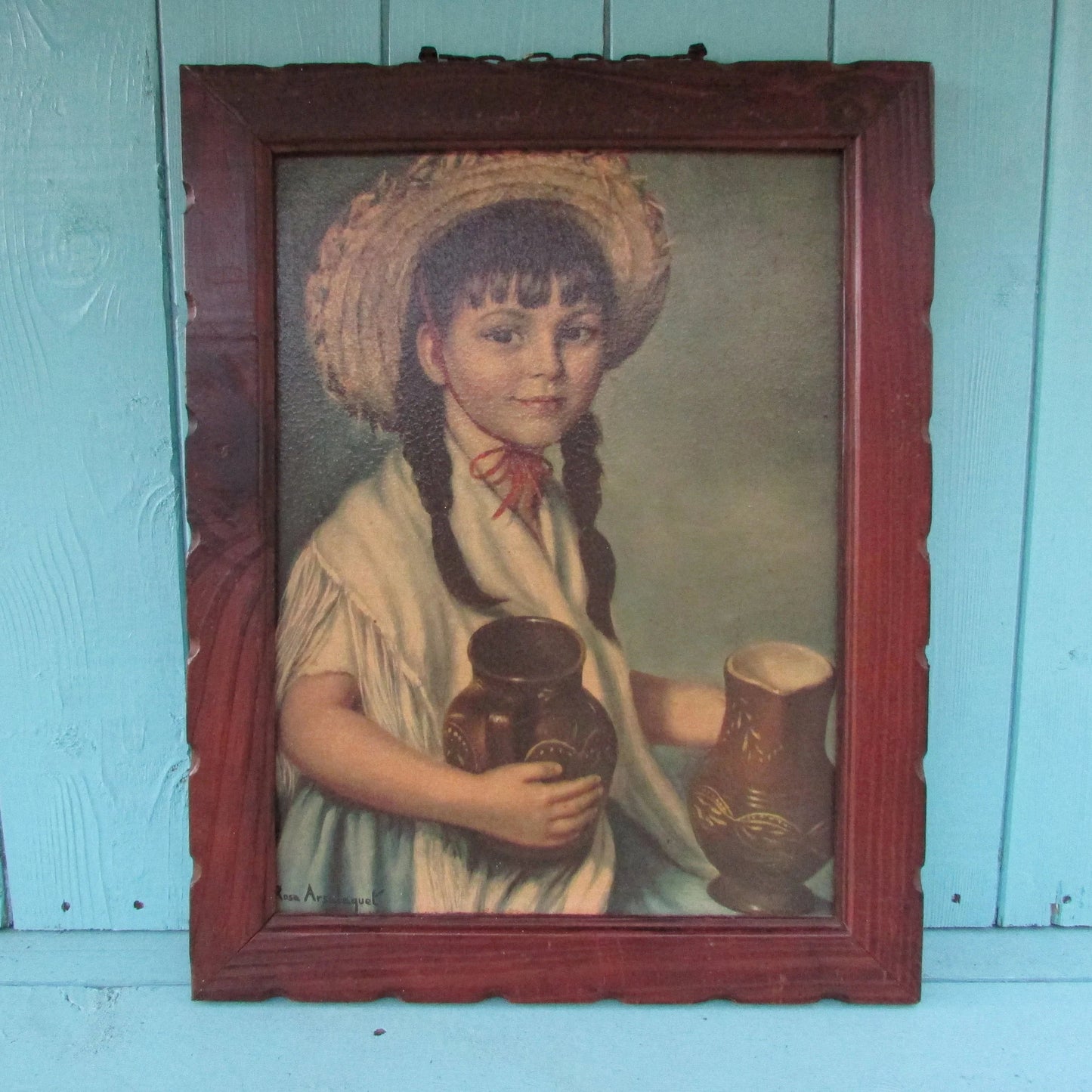 Mid-century framed child water carrier print by M. Rosa Arsalaguet