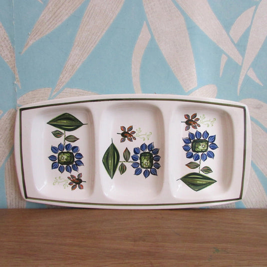 Mid-century Palissy Royal Worcester Casual Tableware blue flower divided snack dish