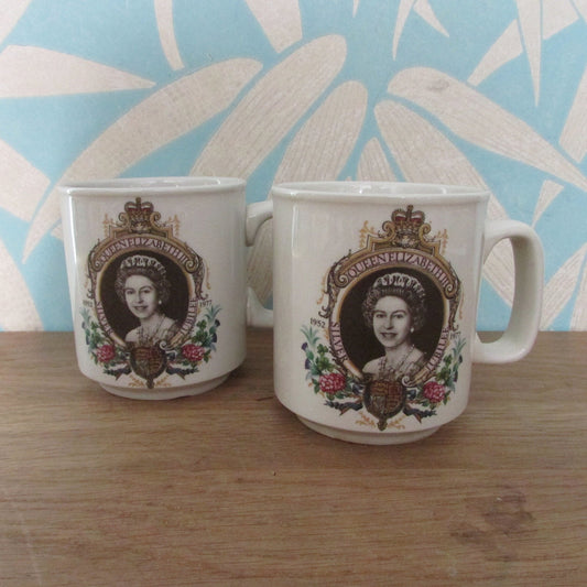 Pair of 1977 Winchcombe Pottery Queen Elizabeth commemorative Silver Jubilee mugs