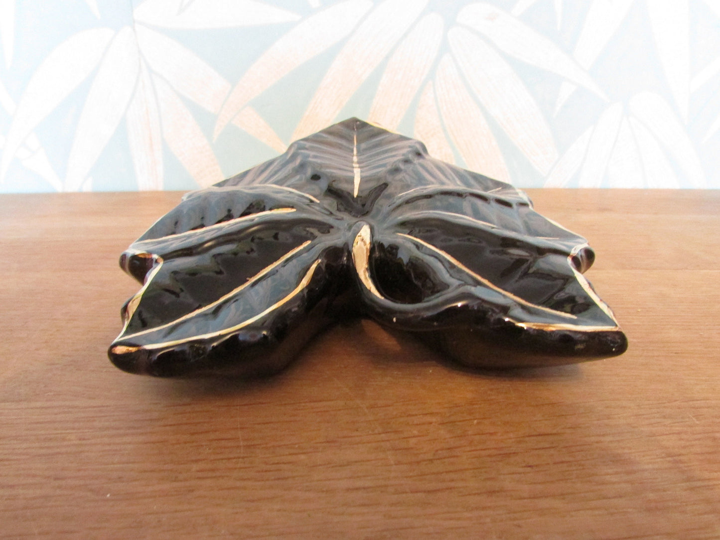 Vintage black & gold maple leaf wall pocket/vase, marked 22 carat gold
