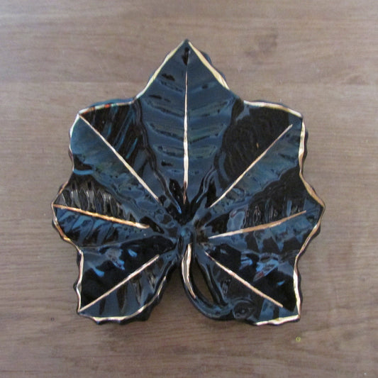 Vintage black & gold maple leaf wall pocket/vase, marked 22 carat gold
