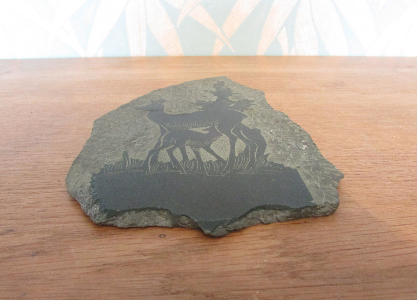 circa. 1970s slate wall plaque of doe and fawn