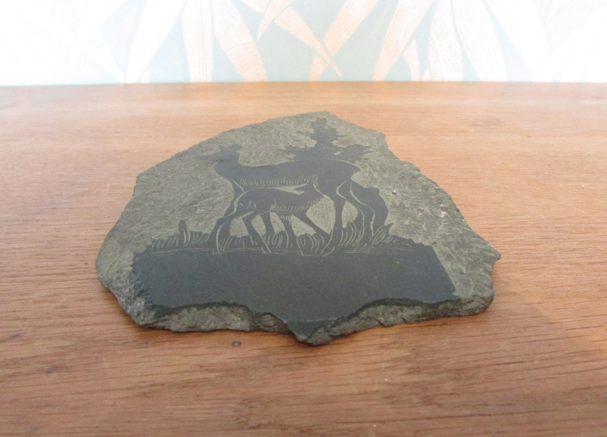 circa. 1970s slate wall plaque of doe and fawn