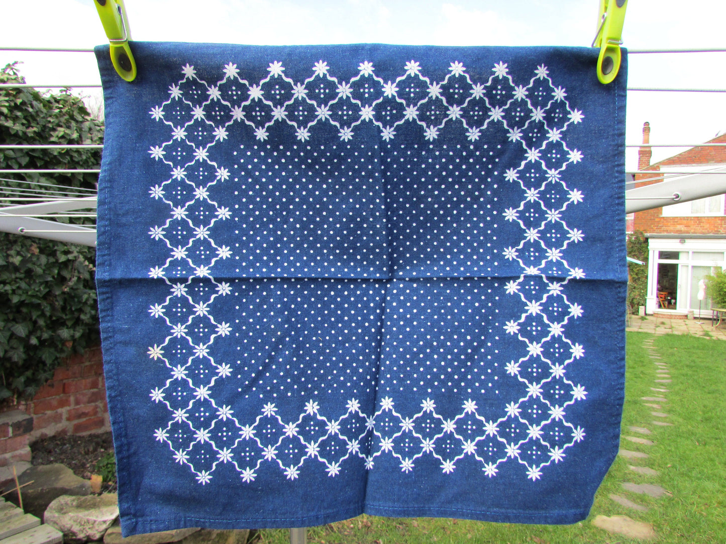 Vintage navy & white daisy and spot patterned handkerchief