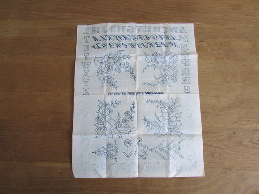 Unused vintage Woman alphabet & assorted motif embroidery transfer