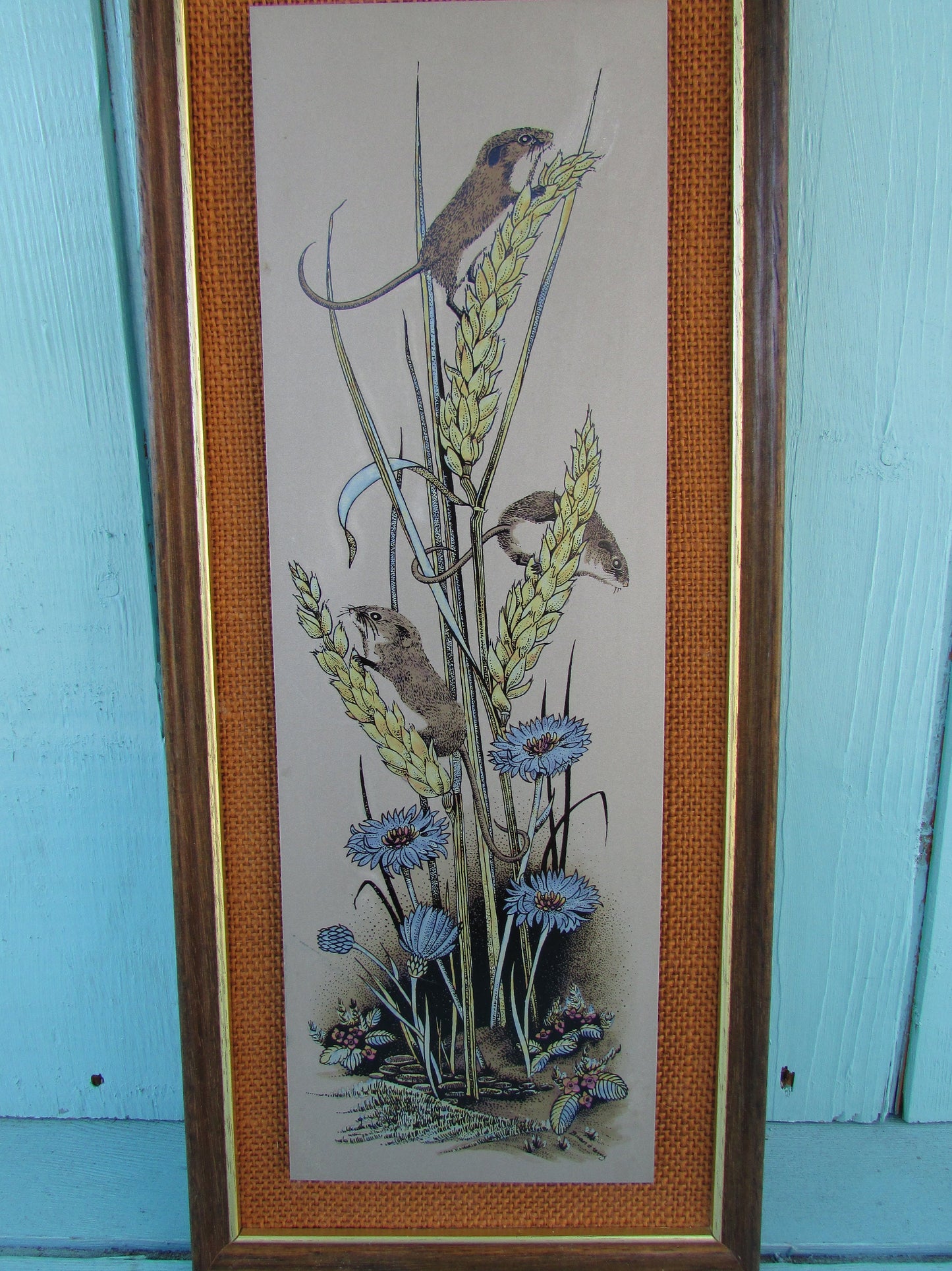 1977 framed titanium picture of harvest mice & cornflowers, by artist J Parish