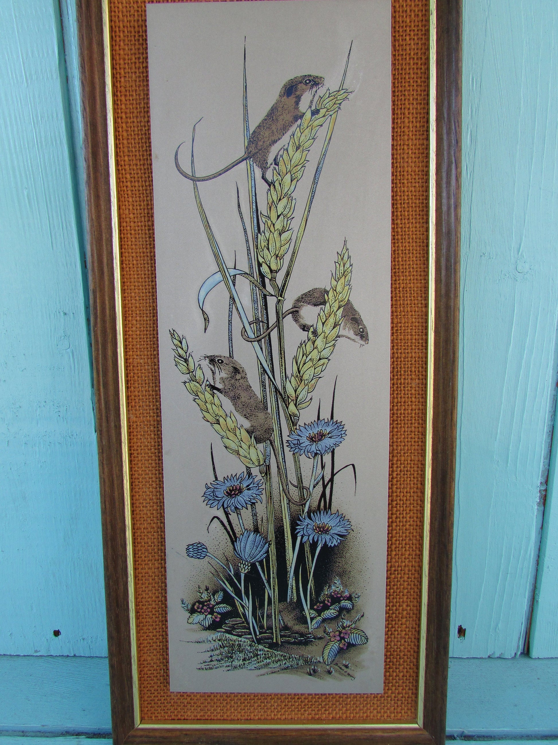 1977 framed titanium picture of harvest mice & cornflowers, by artist J Parish