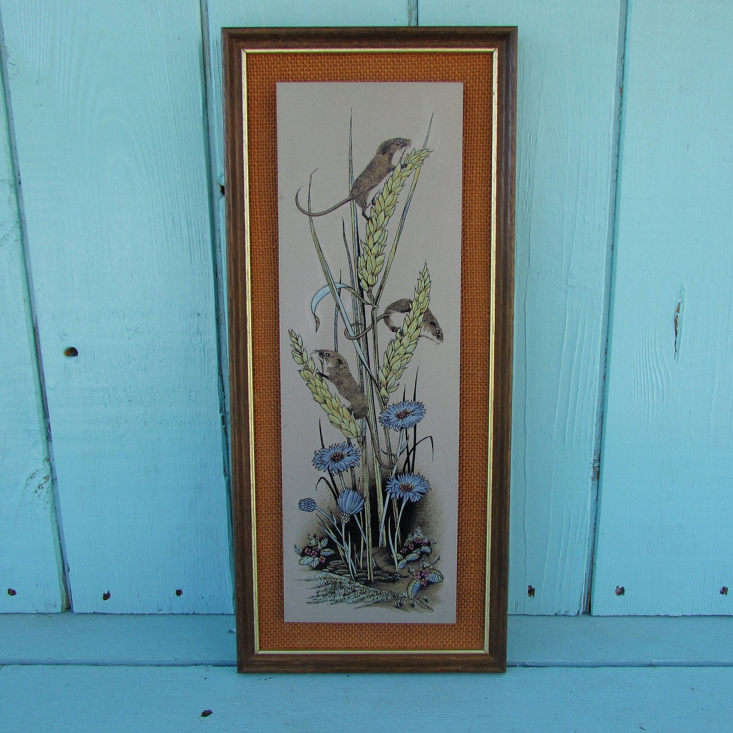 1977 framed titanium picture of harvest mice & cornflowers, by artist J Parish