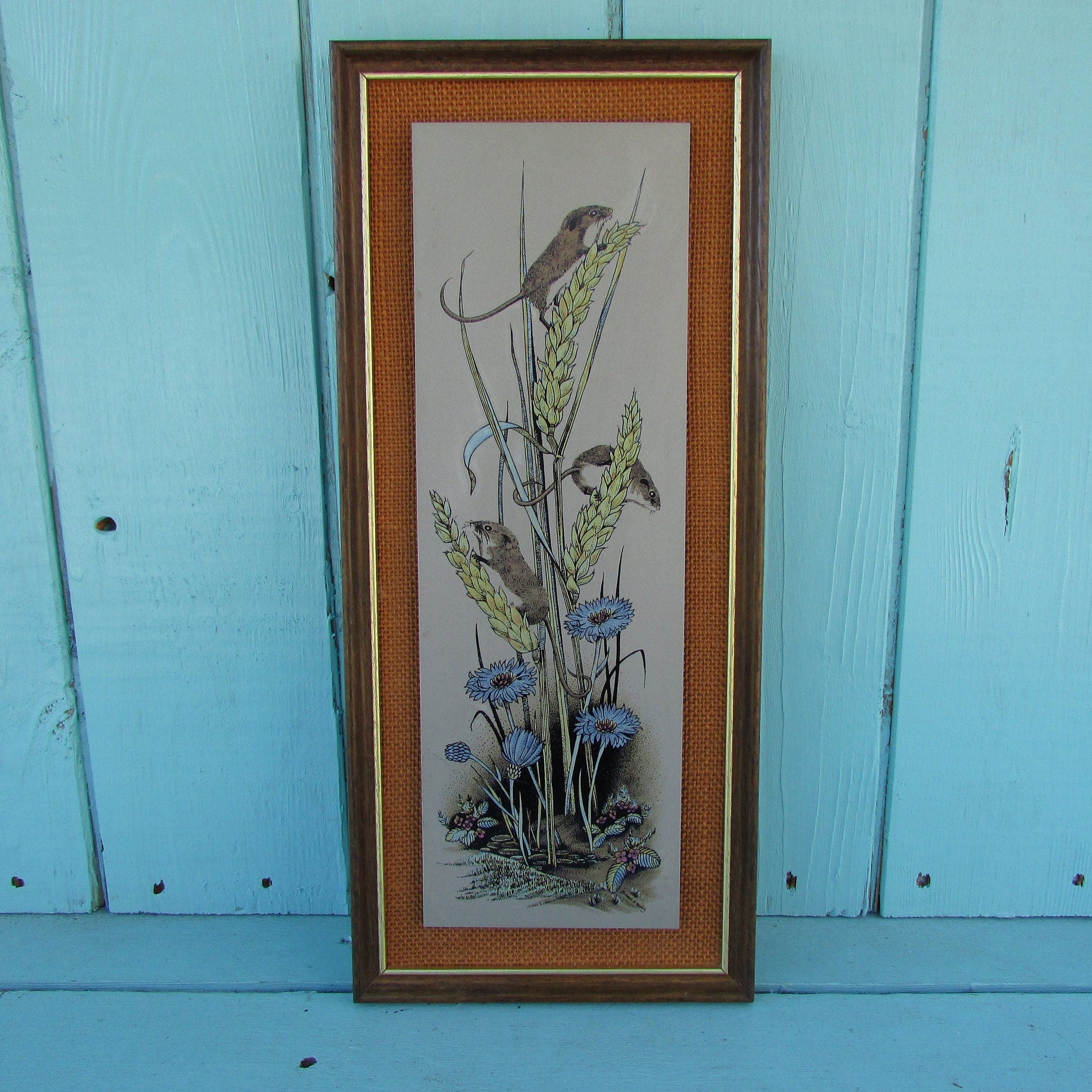 1977 framed titanium picture of harvest mice & cornflowers, by artist J Parish