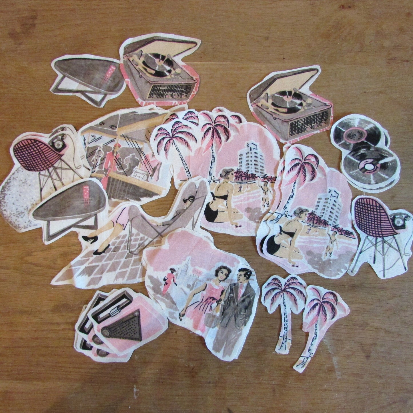 30 assorted fabric pieces hand-cut from leftover retro fabric