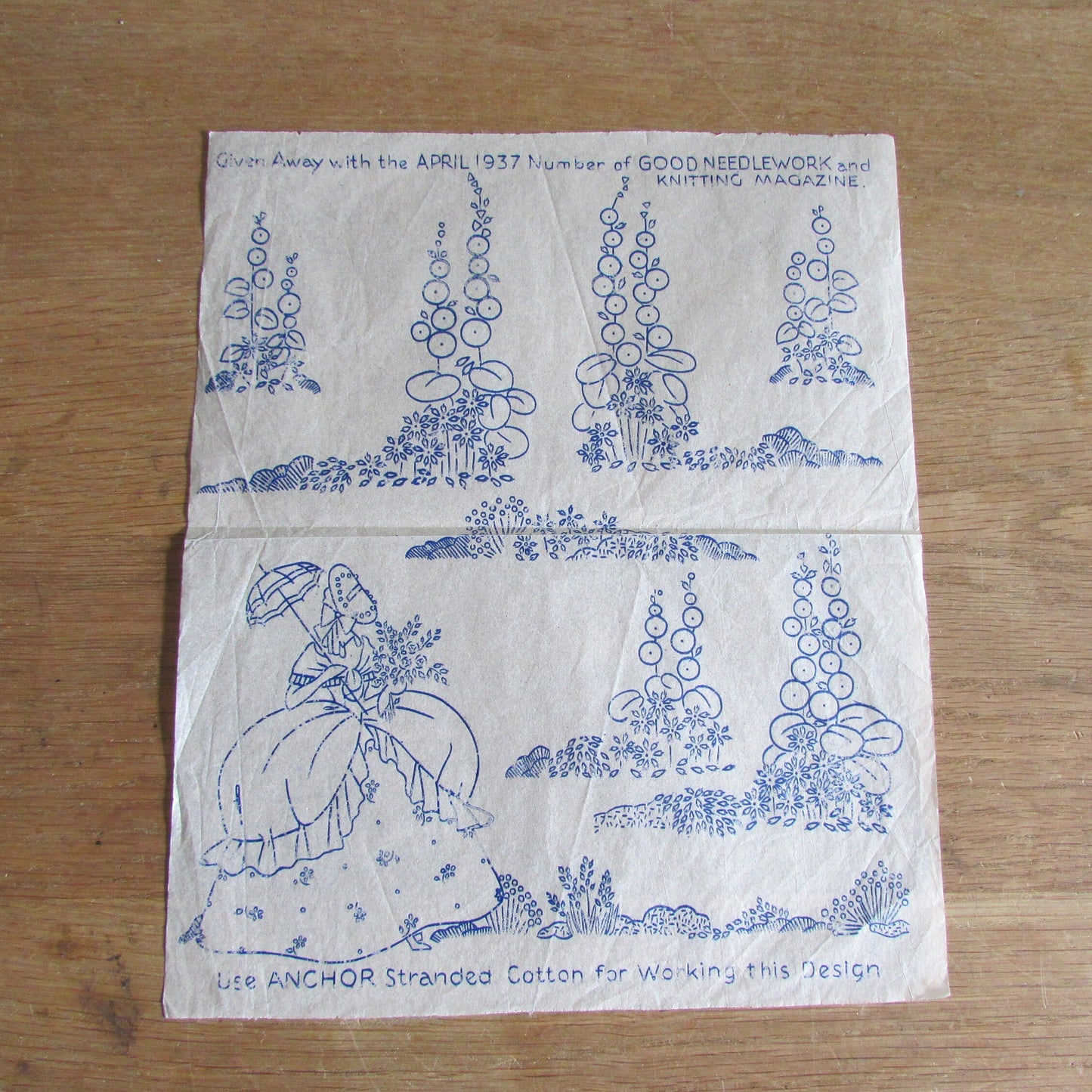 Unused April 1937 Good Needlework & Knitting Magazine Crinoline lady with hollyhock embroidery transfer