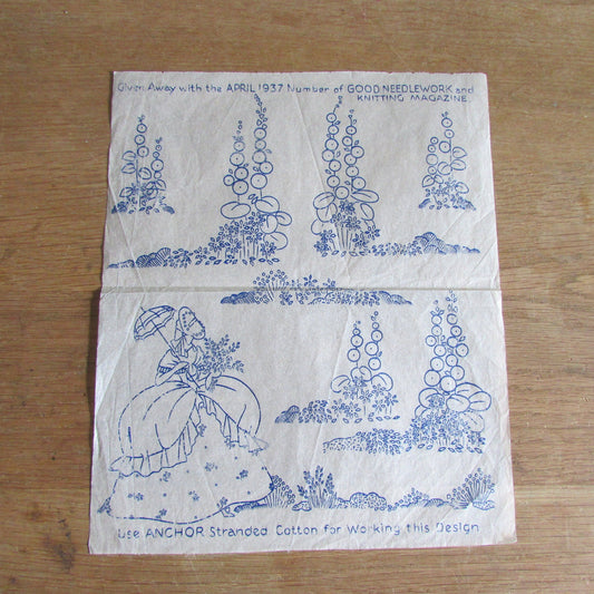 Unused April 1937 Good Needlework & Knitting Magazine Crinoline lady with hollyhock embroidery transfer