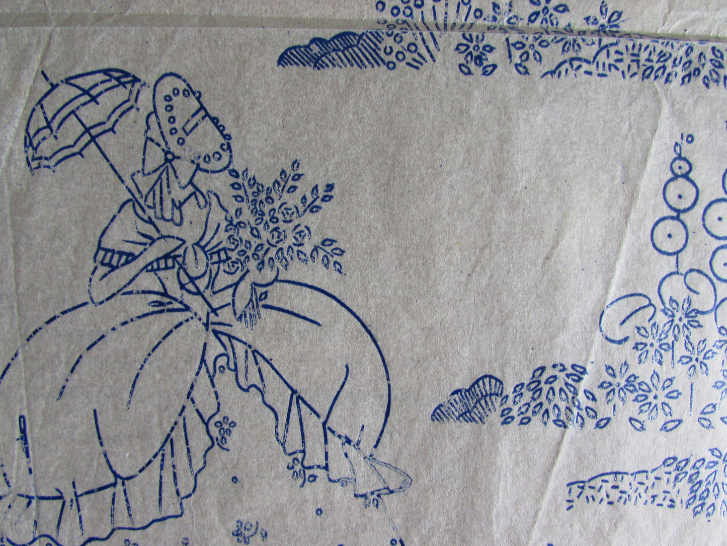 Unused April 1937 Good Needlework & Knitting Magazine Crinoline lady with hollyhock embroidery transfer