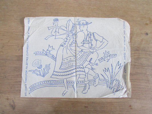 Unused vintage Weldon's Transfer No.20742 dancing couple in traditional costume embroidery transfer