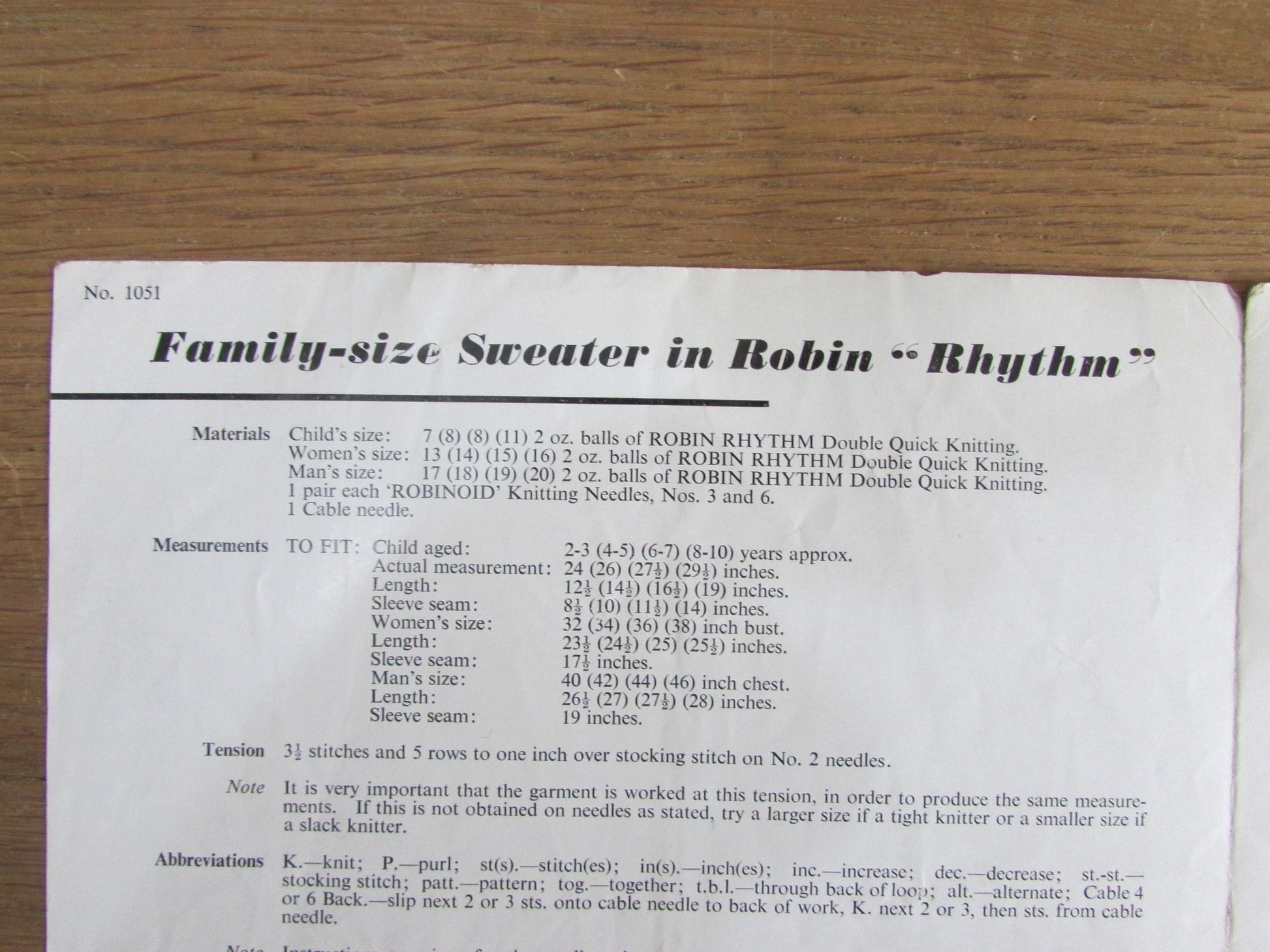 1950s Robin "Rhythm" 1051 knitting pattern for family size sweater
