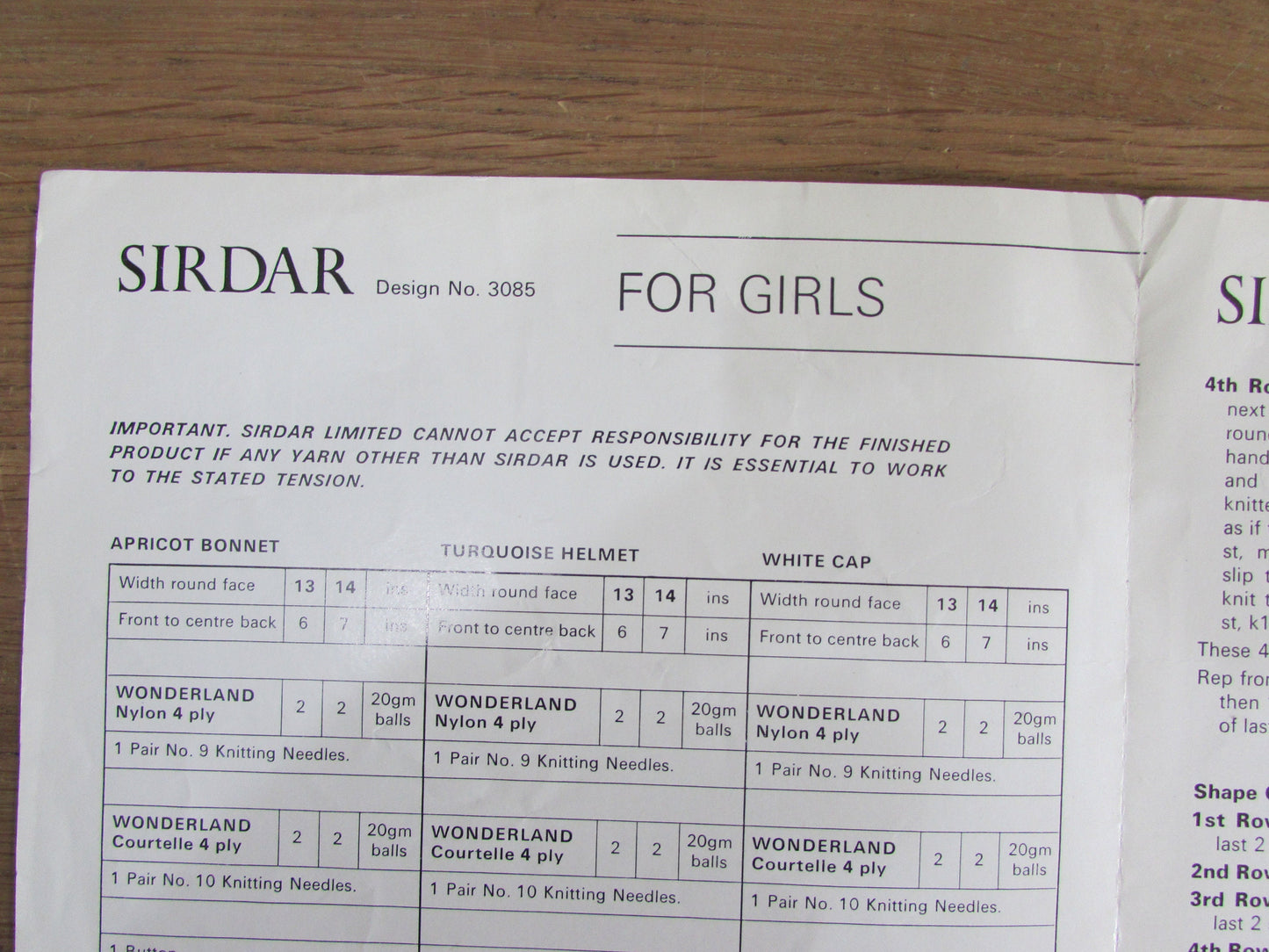 1970s Sirdar Wonderland 3085 knitting pattern for girls' bonnet, helmet & cap, ages 6-12 months