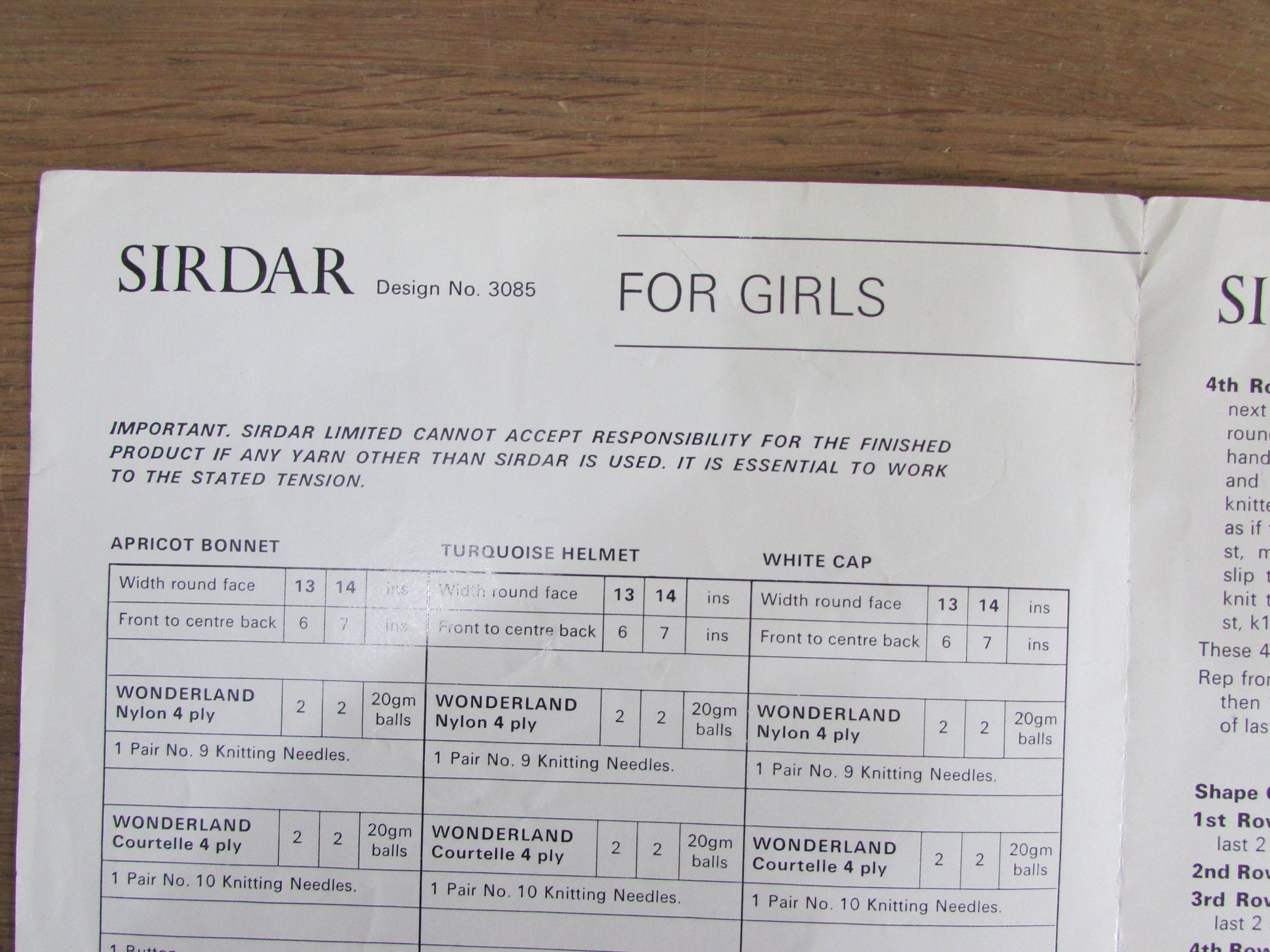 1970s Sirdar Wonderland 3085 knitting pattern for girls' bonnet, helmet & cap, ages 6-12 months