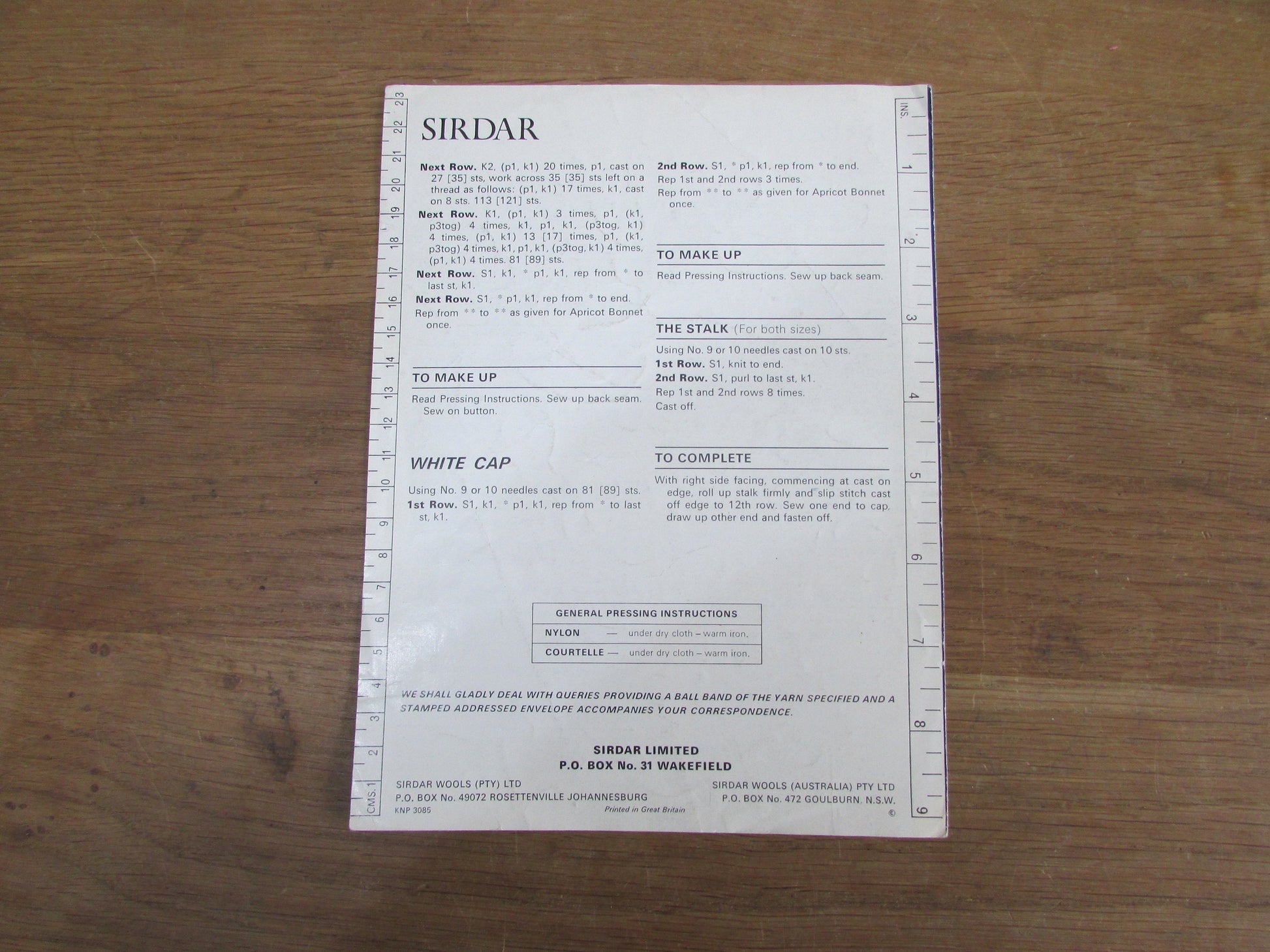 1970s Sirdar Wonderland 3085 knitting pattern for girls' bonnet, helmet & cap, ages 6-12 months