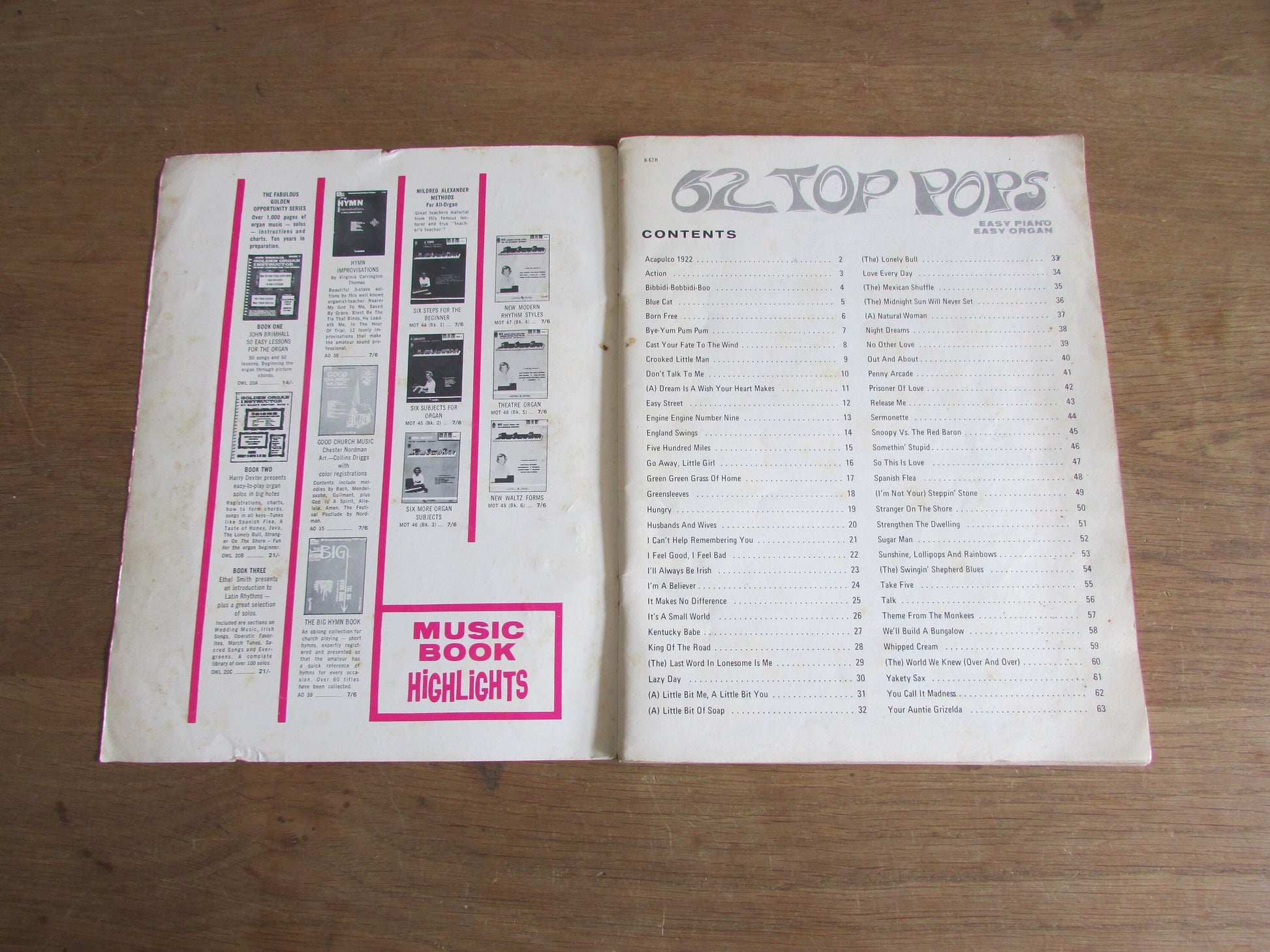 62 Top Pops Easy Piano Easy Organ sheet music (Softback, 1960s)