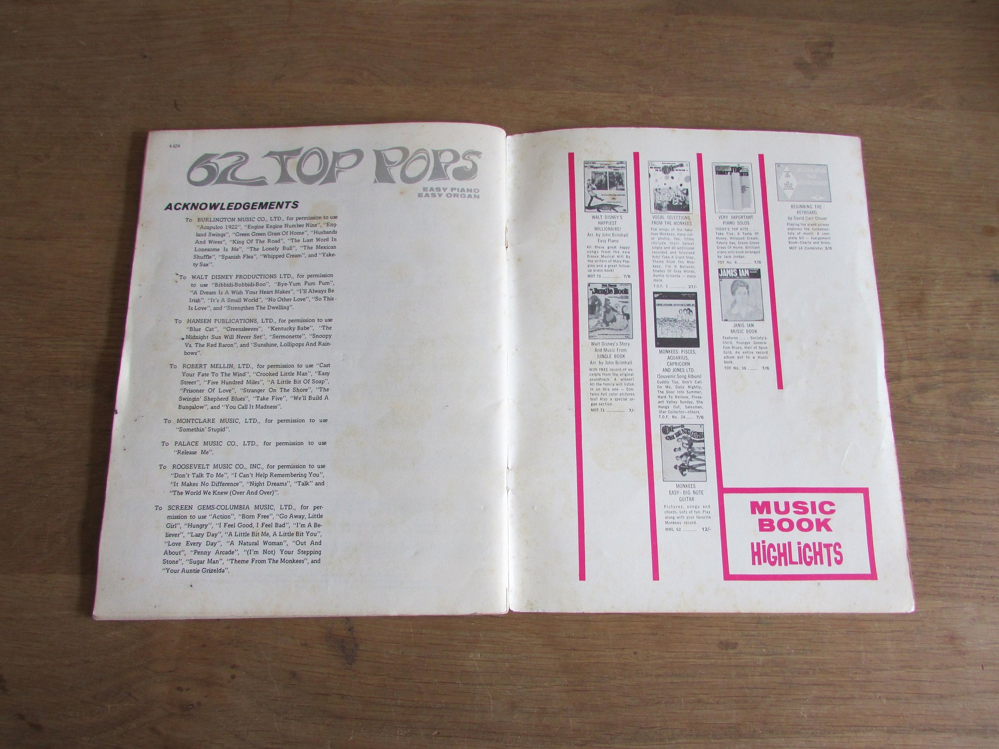 62 Top Pops Easy Piano Easy Organ sheet music (Softback, 1960s)